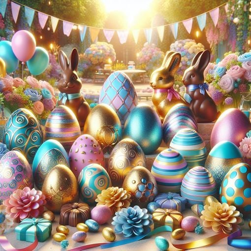 A colorful Easter celebration scene featuring decorated eggs, chocolate bunnies, and festive decorations in a vibrant outdoor setting.