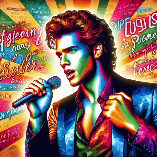 A vibrant, colorful collage of Harry Styles performing live, with snippets of his song lyrics artistically incorporated into the background.