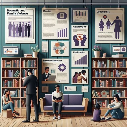 A comprehensive and supportive learning environment depicting concepts of Domestic and Family Violence, educational resources, and visual representation of the impact on individuals and communities.