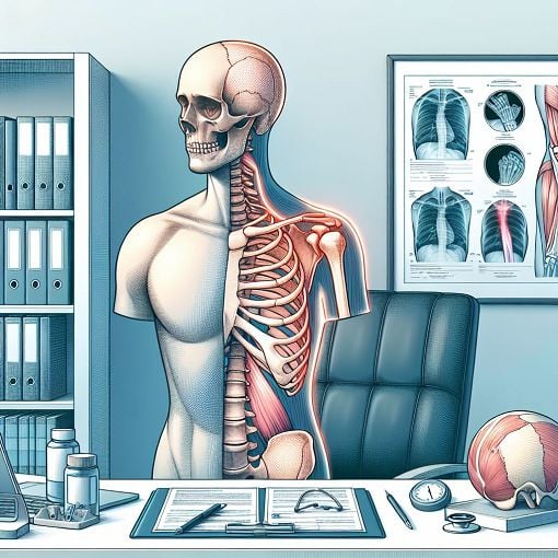 A detailed illustration of a shoulder injury diagnosis office, with medical charts, a human anatomy model, and images of shoulder x-rays on a desk; realistic and professional look.