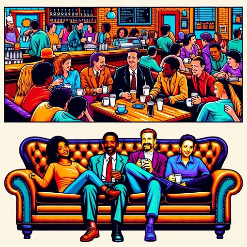 A colorful illustration of a coffee shop bustling with diverse people chatting and laughing, with a subtle hint of the iconic 