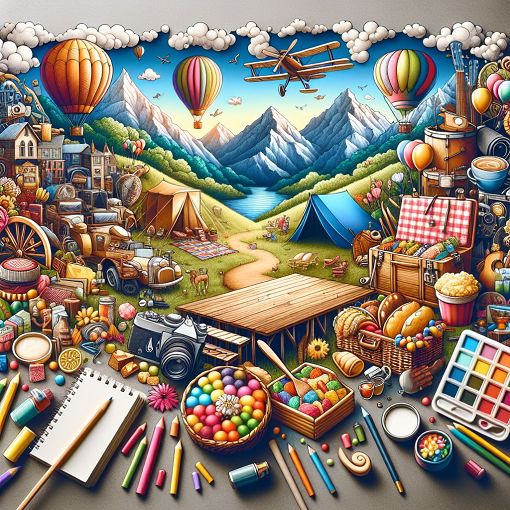 Create an imaginative and whimsical illustration of various objects representing outdoor, food, and entertainment themes, with a vibrant and playful atmosphere.