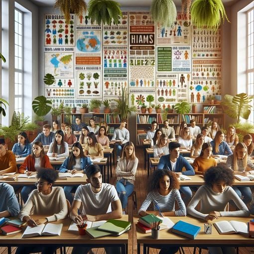 A colorful classroom with students engaged in learning, featuring books, plants, and educational posters related to ecosystems and grammar.