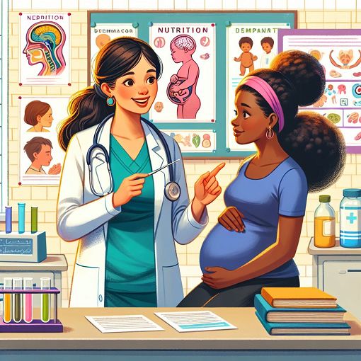 A vibrant and educational illustration showing a nurse teaching a pregnant woman about nutrition and fetal brain development, set in a medical classroom environment.