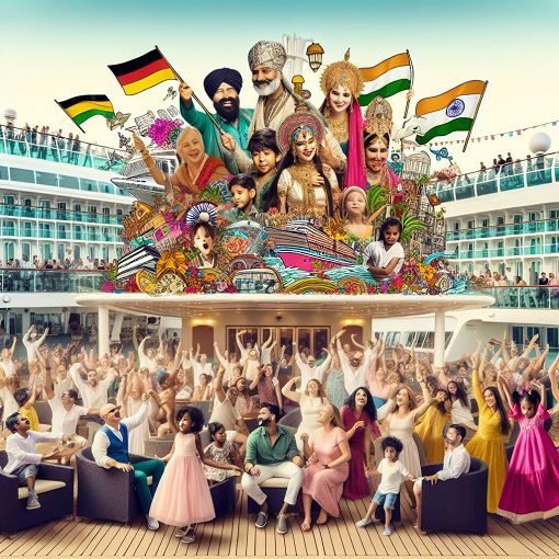 A vibrant scene depicting a luxury cruise ship with families enjoying their time together, along with elements symbolizing Bollywood culture.