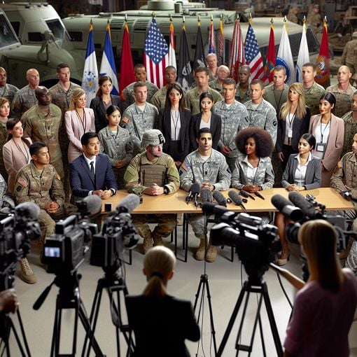 A group of military personnel engaging with reporters in a controlled environment, showcasing a professional interaction, with media equipment and military backdrop in view.