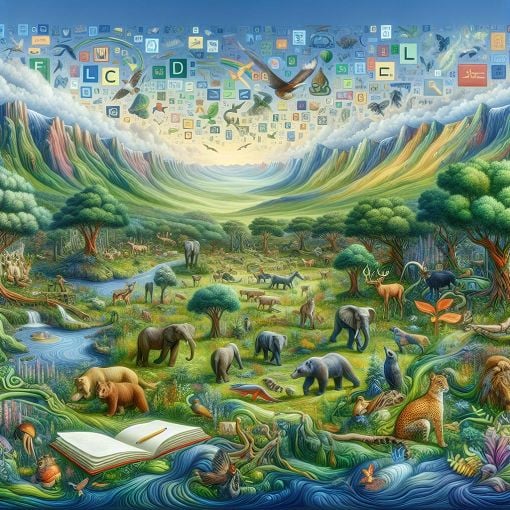 A colorful and educational image depicting various animals in a natural setting, with elements of nature like mountains, valleys, and grass, alongside books or language-related symbols.