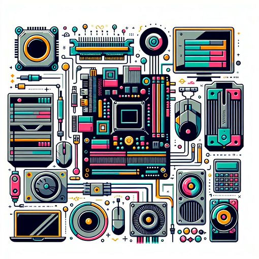 A visually engaging infographic depicting different computer components, input and output devices, and data storage methods, in a modern and colorful design.