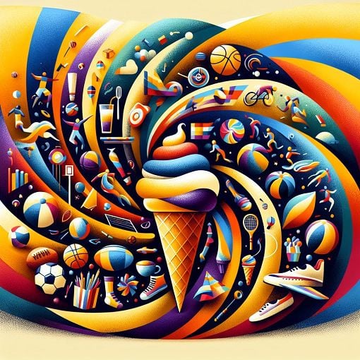 A colorful abstract image representing favorite things and preferences, including vibrant colors and icons of ice cream, sports, and travel.