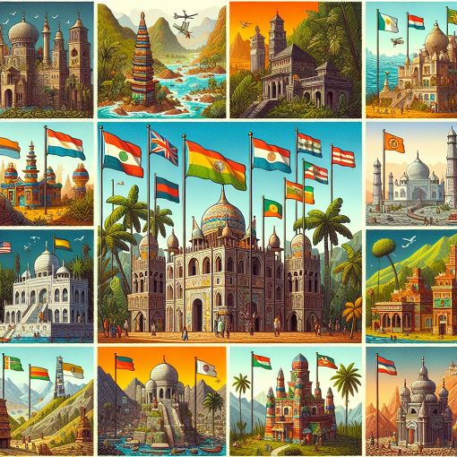 Create an image depicting various dwarf countries around the world, showcasing their unique landmarks and flags in a colorful and engaging collage style.