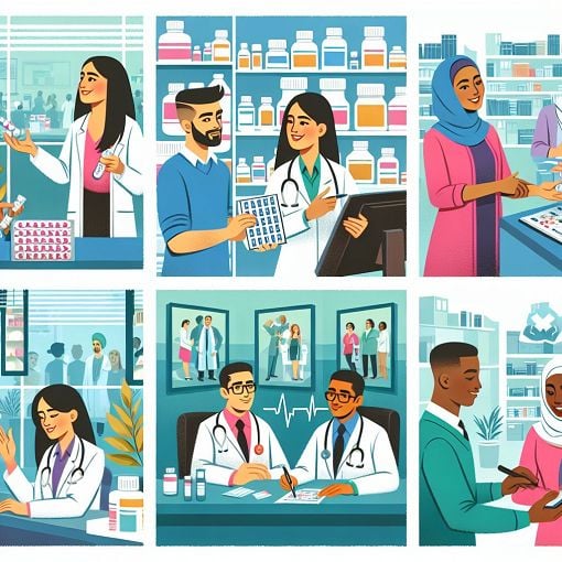 A colorful and engaging illustration depicting various pharmacy settings, featuring pharmacists interacting with patients, analyzing lab results, and advising healthcare teams in a hospital, retail, and clinical environment.