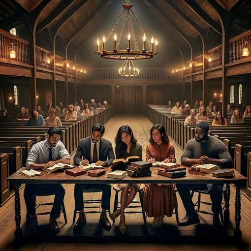 A thoughtful and engaging scene depicting a group of diverse people studying the Bible together in a cozy church setting, with books and notes spread out, symbolizing deep theological discussion and learning.