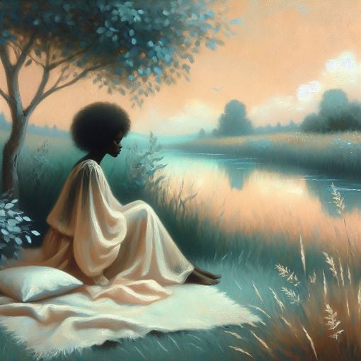 A comforting, serene landscape with soft colors, depicting a person sitting peacefully in nature, reflecting on their thoughts and feelings about mental health.