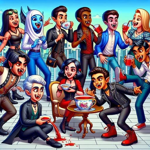 A vibrant, cartoon-style illustration of a quirky group of vampires showcasing their unique personalities in a stylish urban setting, with playful interactions among them.