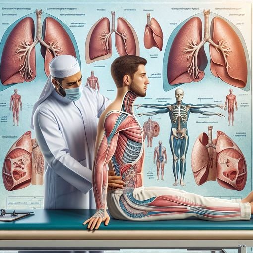 A professional and informative illustration of a healthcare professional performing postural drainage techniques on a patient in a clinical setting, showcasing different positions for lung segment drainage, with anatomical illustrations of the lungs in the background.