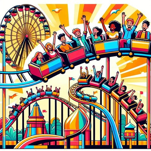 A colorful, thrilling image of Cedar Point amusement park with roller coasters in action, vibrant colors, and excited riders screaming with joy.