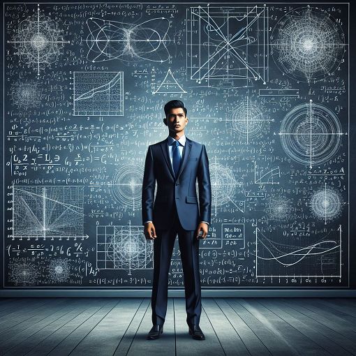 Create an illustration of a businessman standing in front of a blackboard filled with mathematical equations and graphs, showcasing the intersection of business and mathematics with a professional atmosphere.