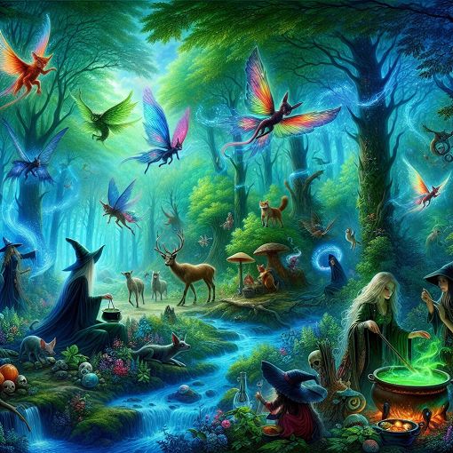 A mystical forest with magical creatures and witches casting spells, vibrant colors, enchanting atmosphere