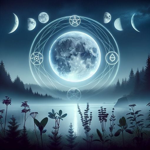 Create a mystical and serene image of a full moon above a tranquil forest, with symbols representing Paganism such as a pentacle, crescent moon, and sacred herbs around the scene.