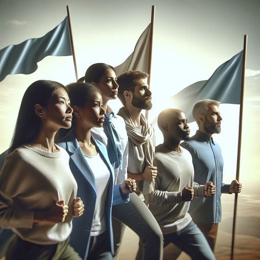 An engaging and motivational image depicting a diverse group of people leading with courage and confidence, holding flags, and looking forward to a bright horizon.