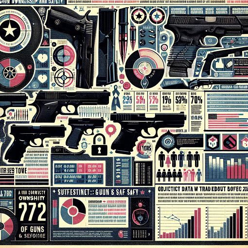 Create an image showing a collage of guns, statistics, and infographics related to gun ownership and safety in a visually striking style.