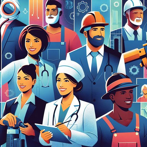 A colorful and engaging illustration depicting various professions such as doctors, engineers, teachers, and tradespeople in a lively setting, showcasing their tools and work environments.