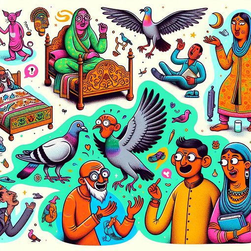 A colorful and whimsical illustration featuring bizarre characters in strange situations, including a talking bed, a person with a pigeon, and humorous expressions of confusion and surprise, capturing the essence of absurdity and fun in life.