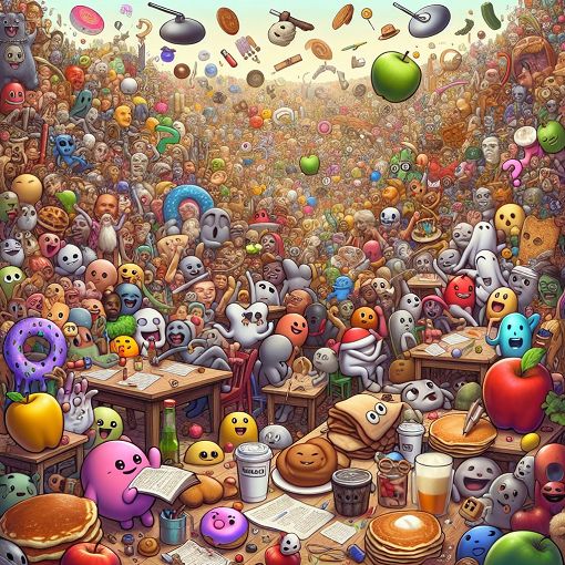 A whimsical and colorful illustration of quirky characters taking a quiz in a fun, chaotic environment filled with apples, pancakes, and random meme references.