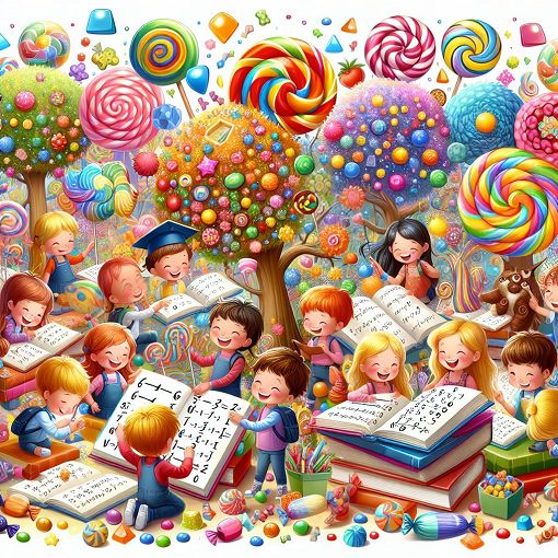 A colorful illustration featuring children happily solving math problems, surrounded by candies, trees, and books.