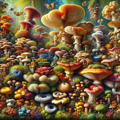 A vibrant illustration of various fungi species in a natural setting, showcasing their diversity in color and shape, ideal for a quiz on fungal identification