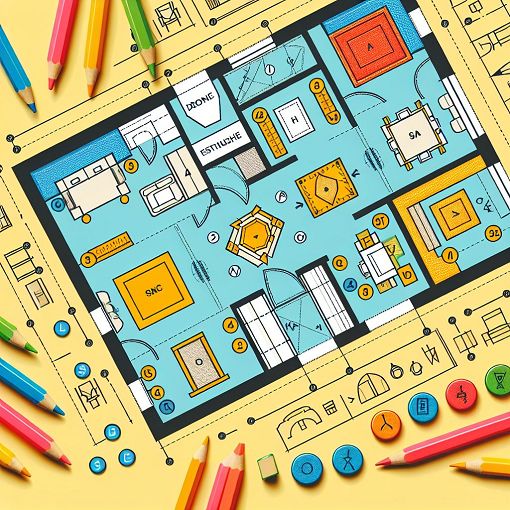 A detailed and engaging illustration of a floor plan with highlighted zones, doors, and design elements, featuring symbols commonly used in architecture, with a bright and educational aesthetic.