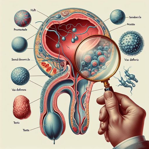 A detailed illustration of male reproductive anatomy showing sperm, testicles, and associated health aspects in a medical style.