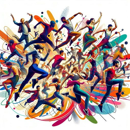 A vibrant, dynamic dance scene showcasing various dancers in motion, capturing locomotor and non-locomotor movements, with elements of space and energy illustrated around them.