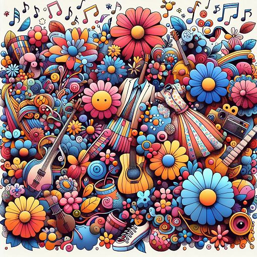 a colorful, whimsical illustration depicting various flowers, musical notes, and clothing items, with a fun, playful vibe