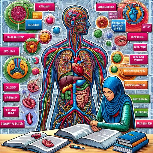 A detailed and vibrant illustration depicting various medical terms, anatomical diagrams, and a person studying medical terminology, in a colorful and educational style.