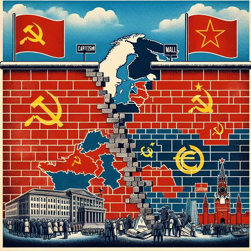 An informative illustration depicting the Cold War era with symbols of communism and capitalism, maps of Europe during the Cold War, and iconic images like the Berlin Wall.