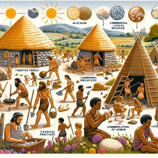 A vibrant illustration depicting Stone Age life, showing early humans creating tools, farming, and living in communal huts.