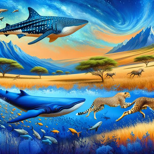 A vibrant illustration depicting diverse wildlife, including a whale shark, a blue whale, a cheetah, and various wilderness scenes.