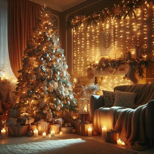 A cozy holiday-themed scene featuring festive decorations, a Christmas tree, and warm lights, evoking the spirit of celebration and family gatherings.