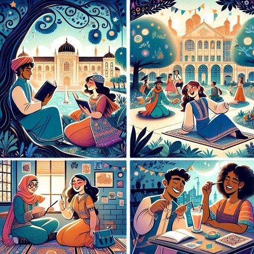 A whimsical illustration of a university setting with students in traditional outfits, engaging in quirky activities like drinking and socializing, with a mystical, playful vibe.