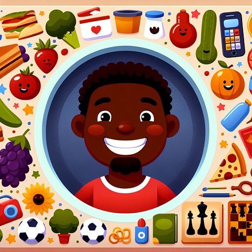 A colorful and whimsical illustration of a cheerful character surrounded by various symbols representing food, games, and personal interests, with a playful quiz theme