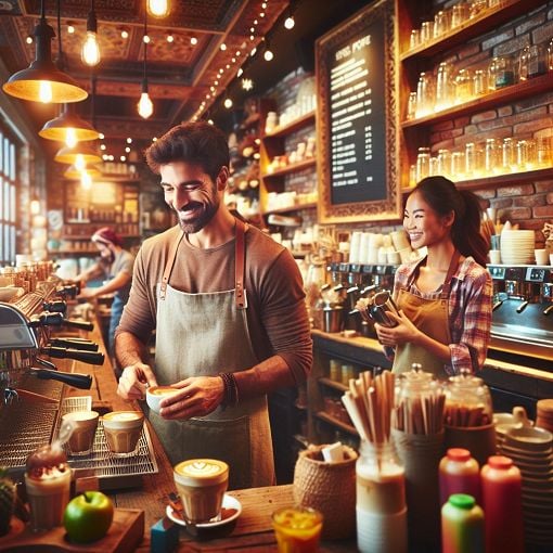 A cozy coffee shop scene with latte art, smiling baristas, and a variety of colorful drinks, vibrant and inviting atmosphere.