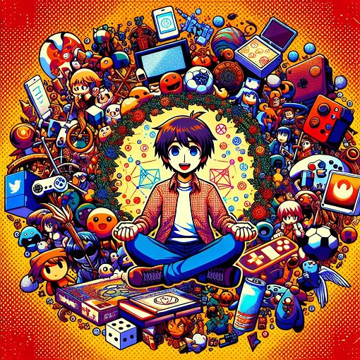 Create an illustration of a whimsical character named Koko, surrounded by elements that represent relationships, anime, and video games. The background should be colorful and inviting, emphasizing a playful and friendly atmosphere.