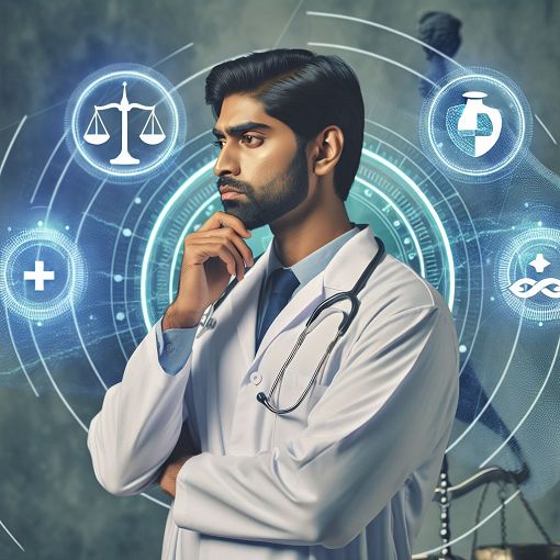 An illustration of a healthcare professional contemplating ethical decisions, surrounded by symbols representing autonomy, justice, and medical ethics.