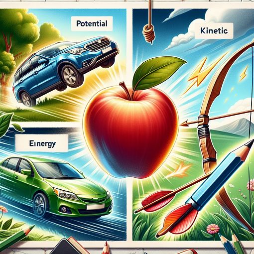 A colorful illustration of different energy forms such as potential and kinetic energy, showing everyday examples like a car, an apple hanging from a tree, and a bow and arrow. The background should be bright and engaging to attract students and learners.