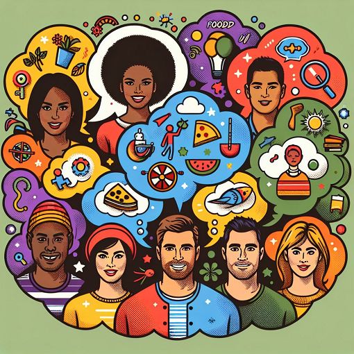 Create an illustration of a diverse group of people taking a fun personality quiz, surrounded by colorful thought bubbles depicting various traits and interests.