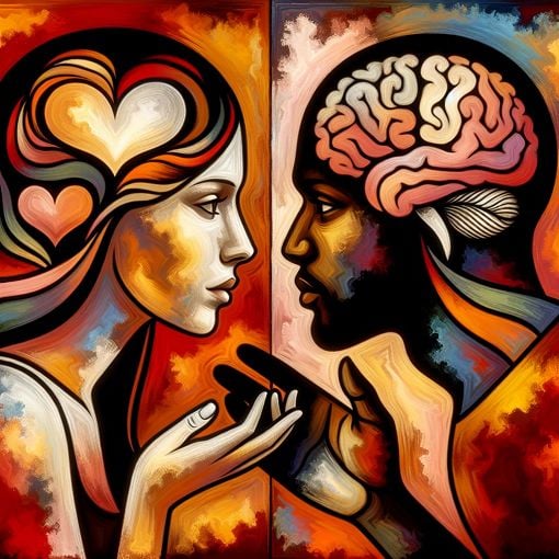 An artistic representation of emotional intelligence, featuring diverse people connecting and expressing emotions, symbolic elements like hearts and brain, warm colors, modern and engaging style