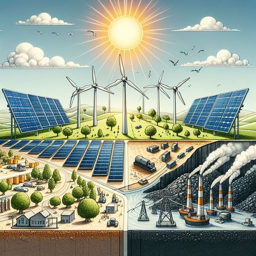 An educational illustration showing renewable and nonrenewable energy sources with solar panels, wind turbines, coal, and oil in a balanced landscape.