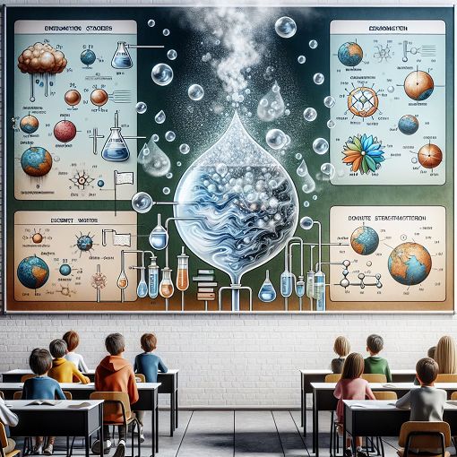 Create an educational illustration showing water vapor turning into dew drops, with a background of a classroom setting