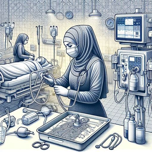 A detailed illustration of a nurse performing tracheostomy care in a hospital setting, highlighting tracheostomy tubes, suctioning equipment, and emergency supplies.